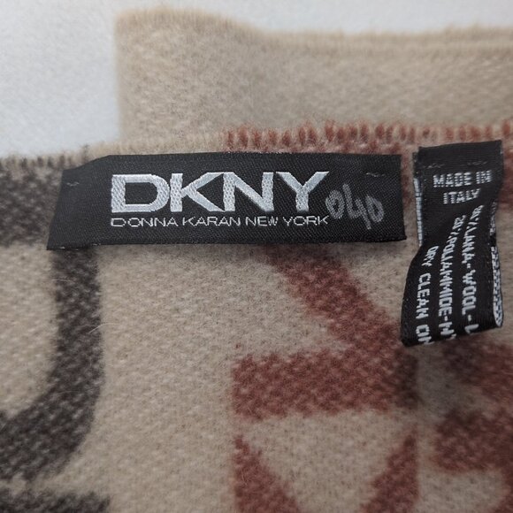 DKNY Wool Scarf Beige Brown Red Rectangle Rectangular Fringe Monogram Unisex O/S - Picture 4 of 9